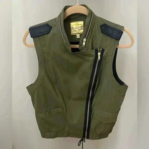 Princess Vera Wang Vest Women Army Green Black Full Zip Faux Leather Trim:Size S